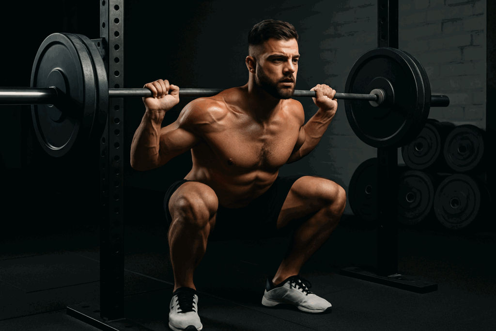 Focused man performing a barbell squat in a gym, illustrating the best workout split for fat loss through resistance training.