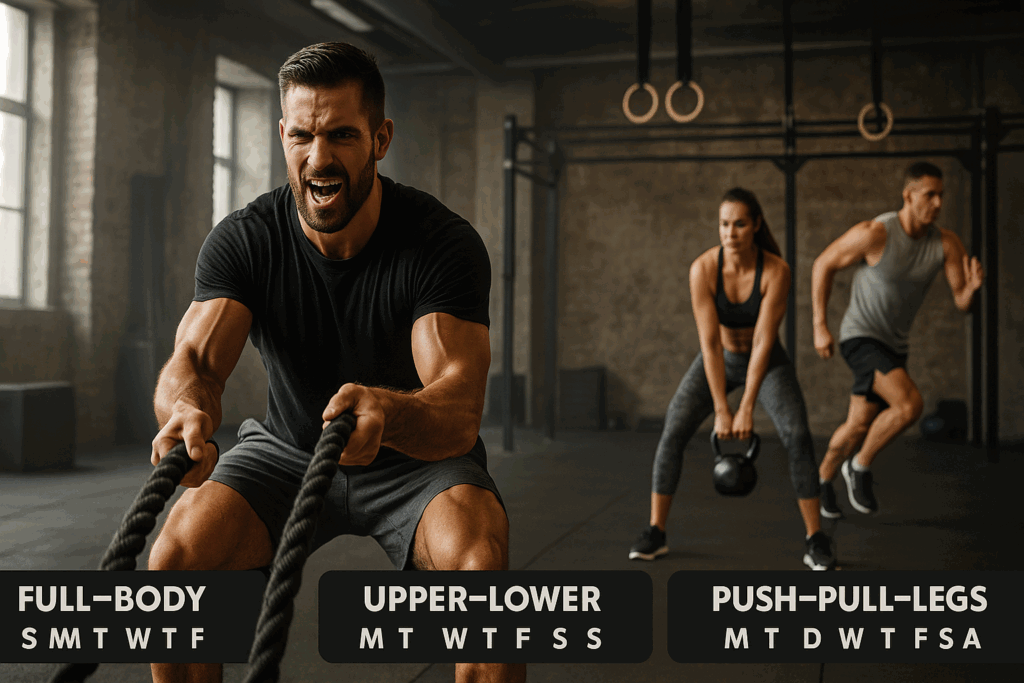 Trainer leading a HIIT session with participants doing battle ropes, kettlebell swings, and sprints, showing the best workout split for fat loss.