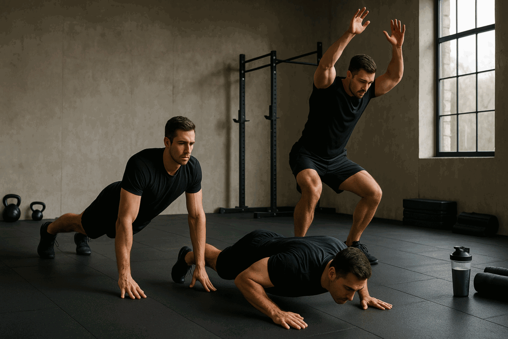 Man cycling through burpees, push-ups, and squats in minimalist gym performing best workout split for fat loss.