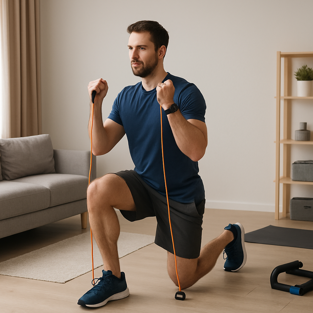 Man performing resistance band lunges in a home workout setup, demonstrating the best workout split for fat loss at home.