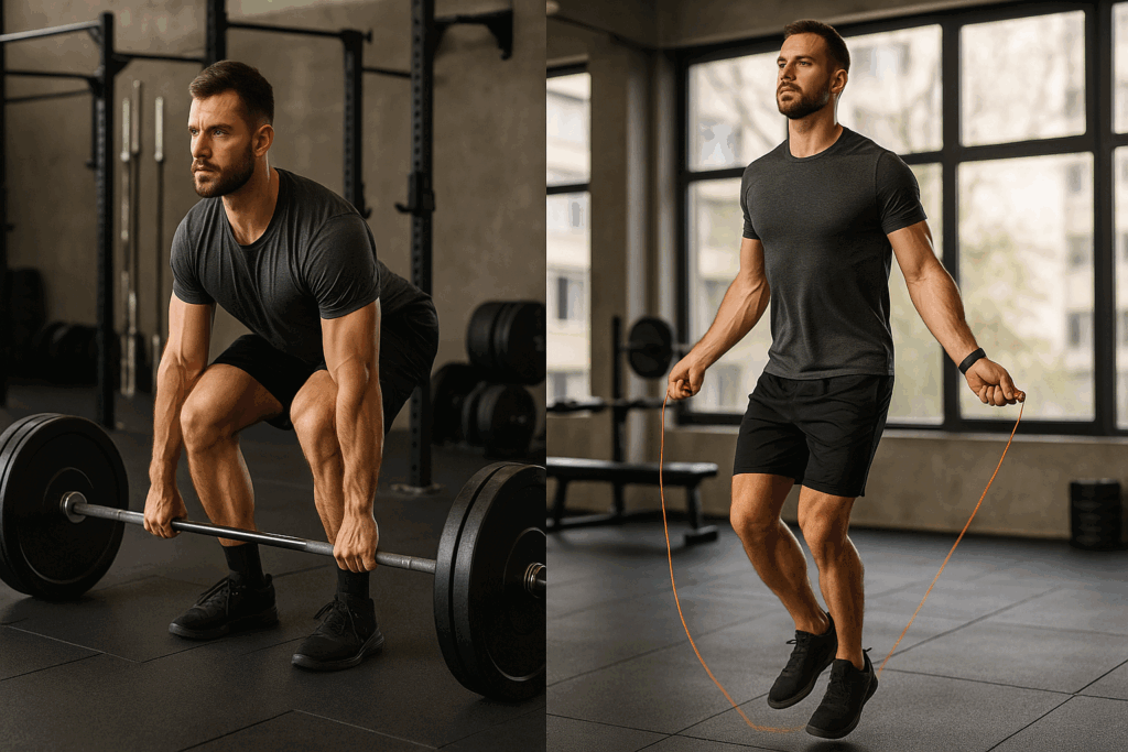 Man performing deadlifts and jump rope in a gym, illustrating the best workout split for fat loss through strength and cardio training.