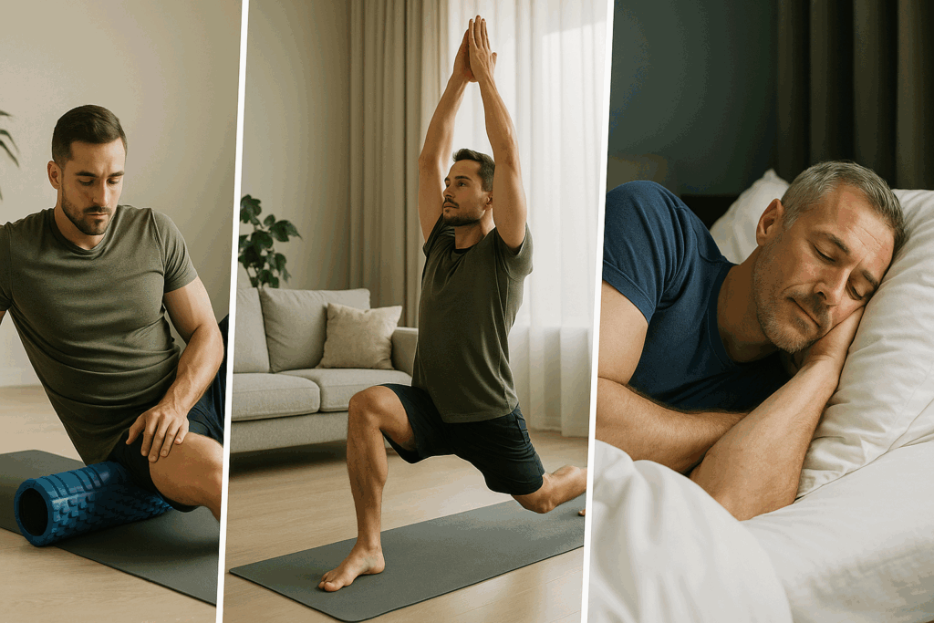Man foam rolling, practicing yoga, and sleeping, highlighting recovery elements in the best workout split for fat loss.