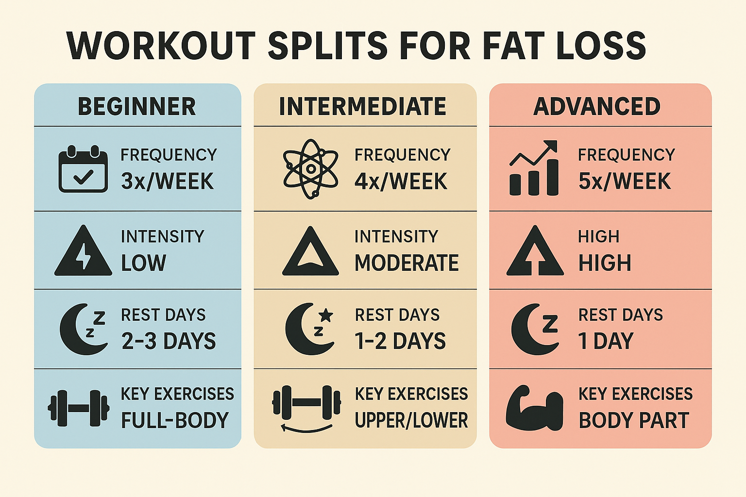 Infographic comparing beginner, intermediate, and advanced levels to determine the best workout split for fat loss by frequency, intensity, and rest days.
