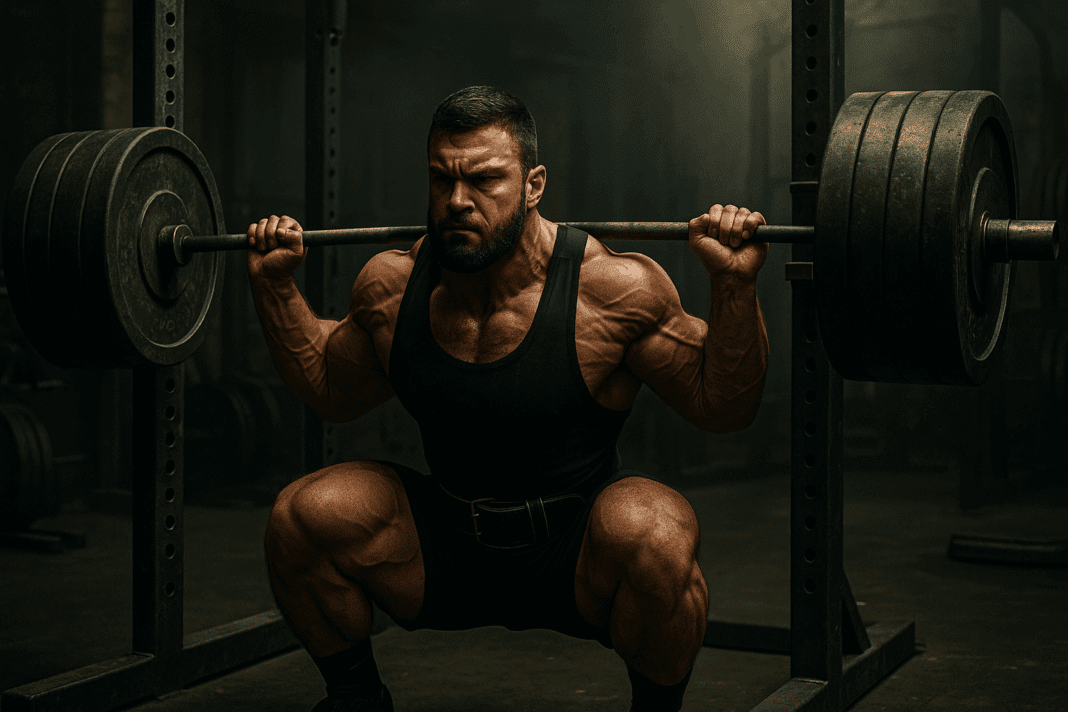 The Ultimate Hypertrophy Program for Powerlifters to Build Strength and Size001 Muscular powerlifter performing a heavy barbell squat in a gritty gym, showcasing intensity in a hypertrophy program for powerlifters