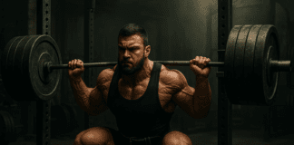 Muscular powerlifter performing a heavy barbell squat in a gritty gym, showcasing intensity in a hypertrophy program for powerlifters
