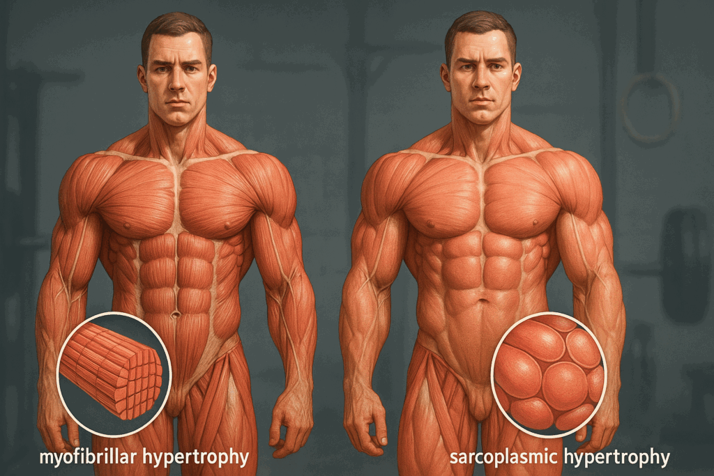 Side-by-side anatomical comparison of myofibrillar and sarcoplasmic muscle growth in a hypertrophy program for powerlifters, shown with gym background.