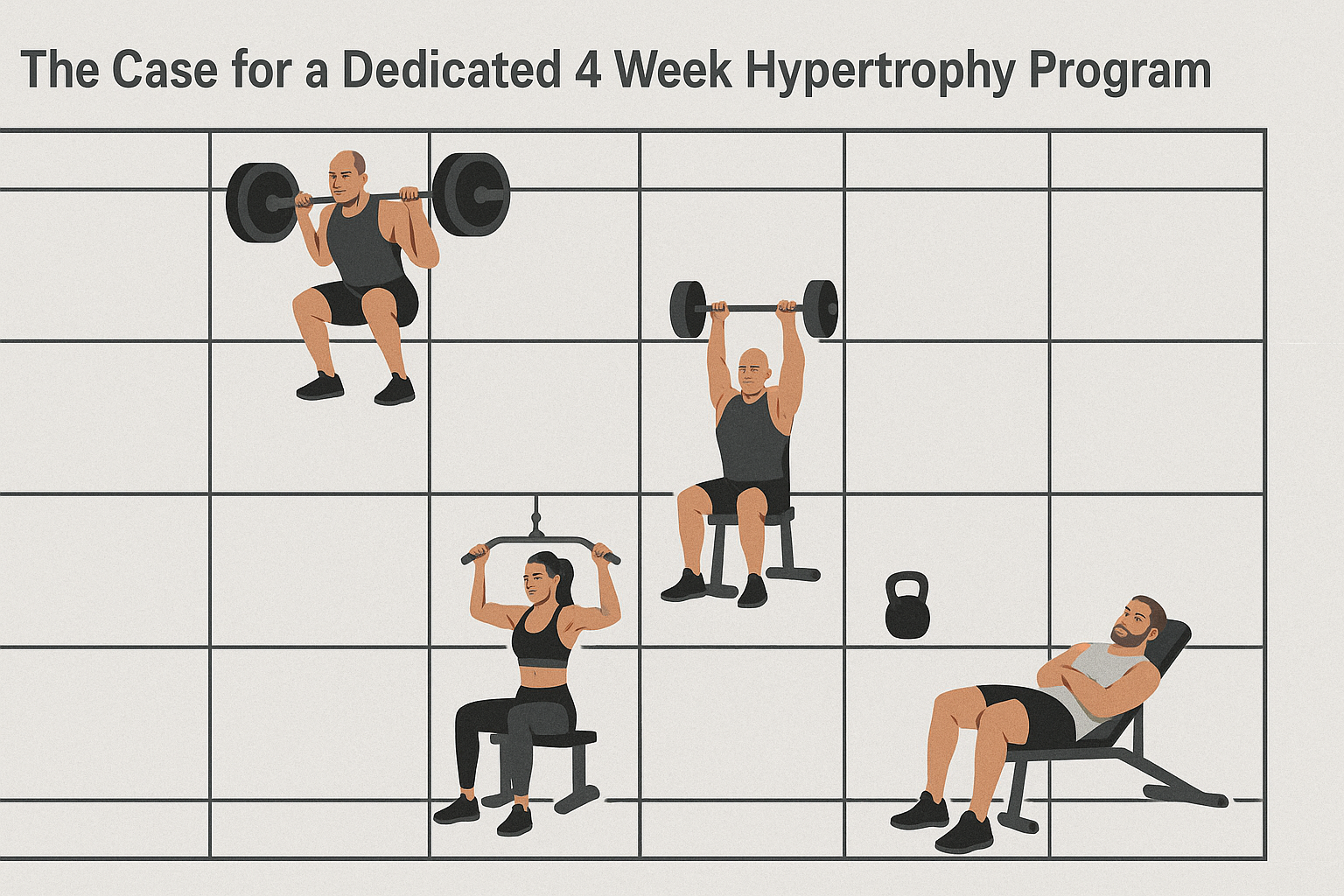 Four-week calendar with gym scenes representing a structured hypertrophy program for powerlifters: volume, intensity, variety, and recovery phases