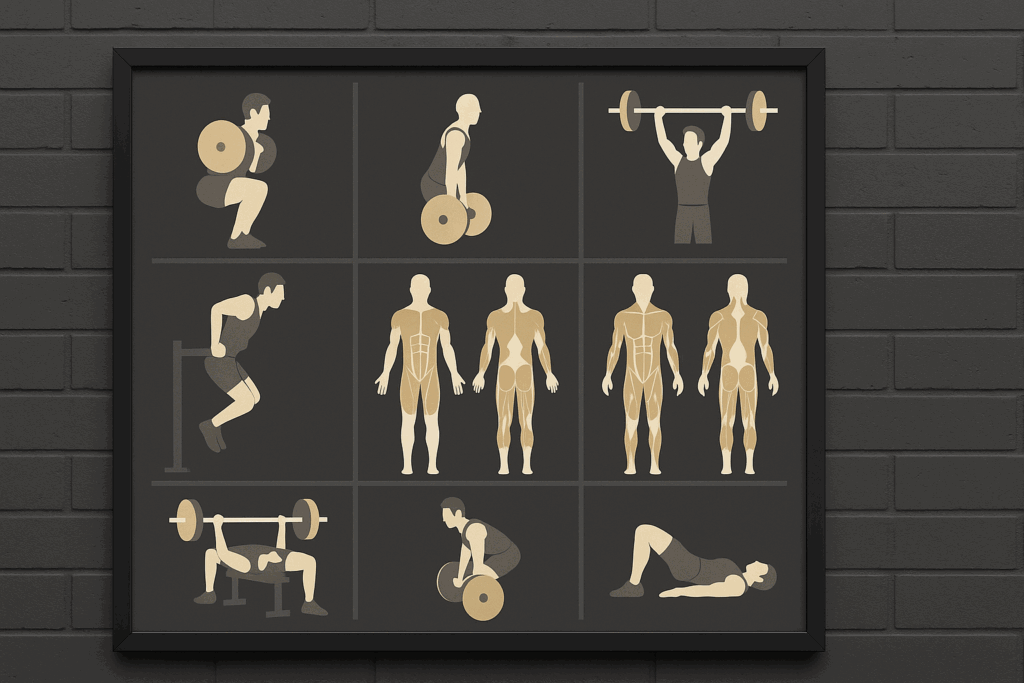 Training board illustration showing key lifts and muscle groups in a balanced hypertrophy program for powerlifters