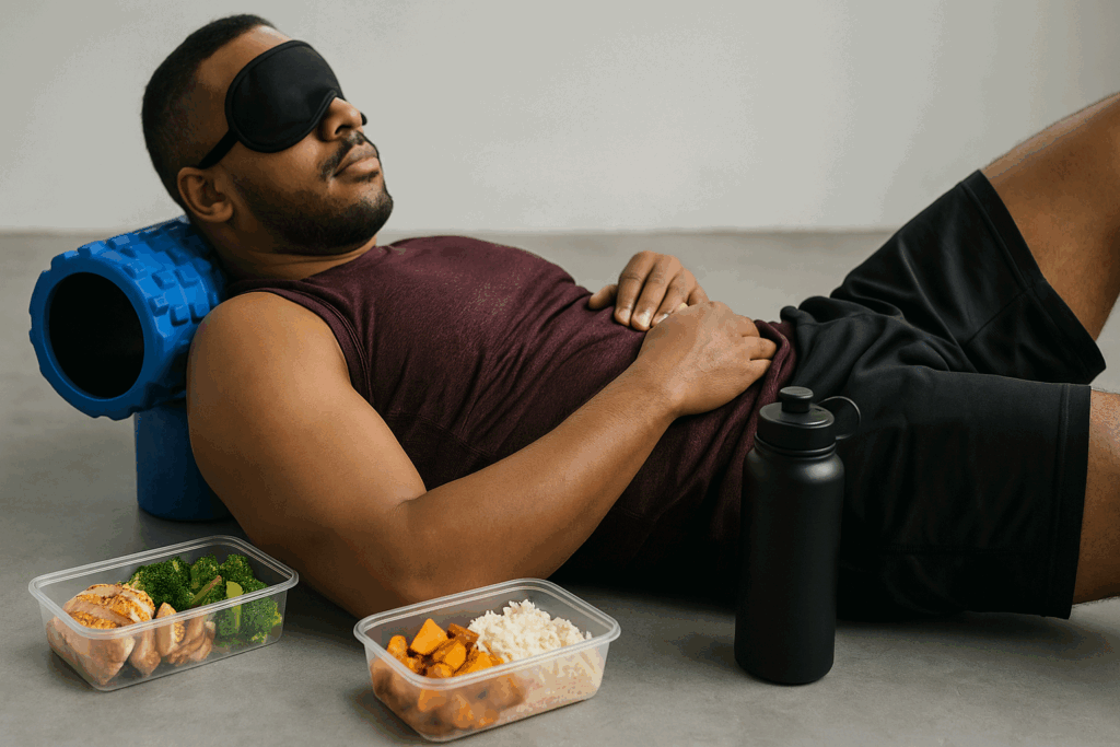 Athlete resting after workout with meal prep containers, foam roller, and sleep mask as part of a hypertrophy program for powerlifters