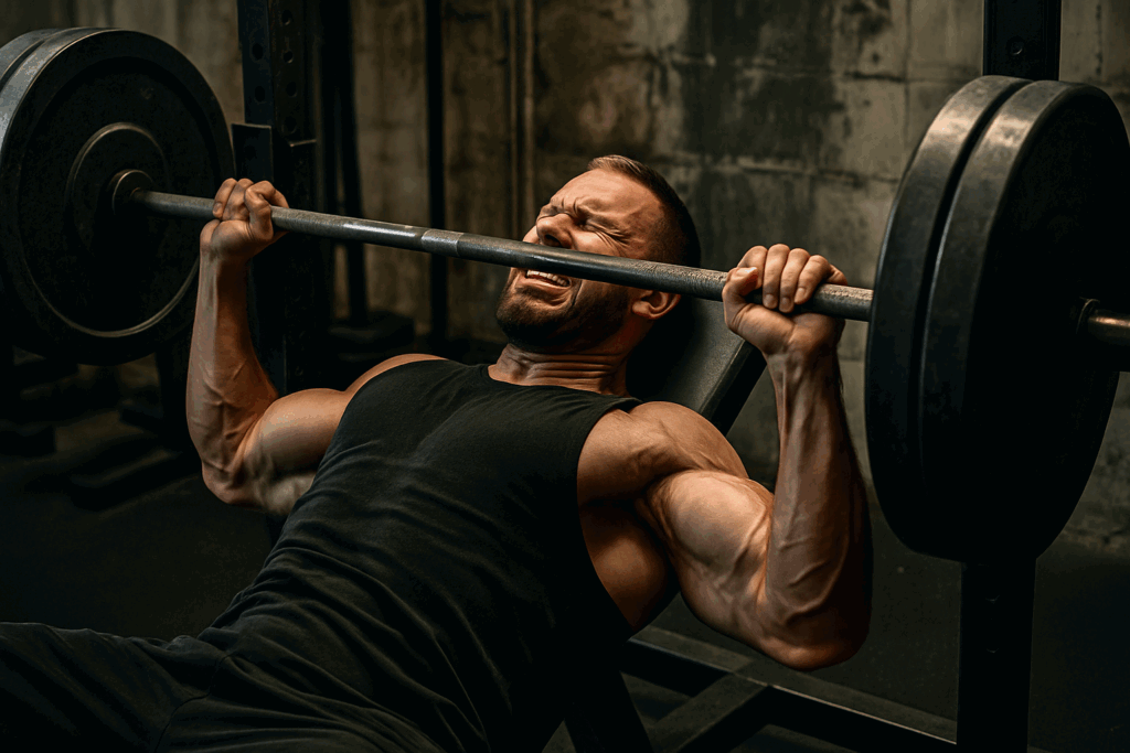 Muscular powerlifter straining under heavy barbell mid-rep in gritty gym, illustrating a hypertrophy program for powerlifters.