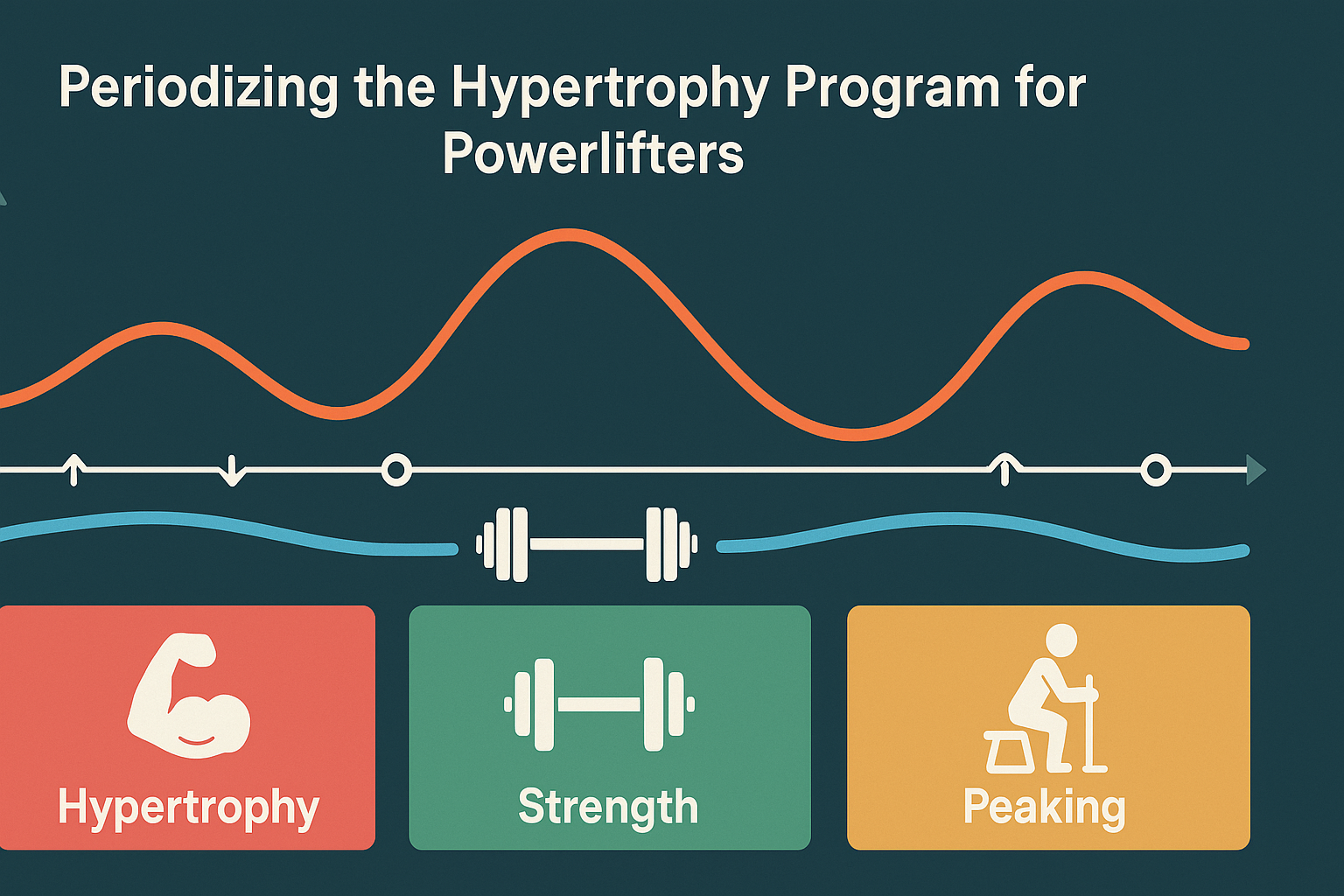Wave-style infographic illustrating a hypertrophy program for powerlifters with visual blocks for hypertrophy, strength, and peaking cycles.