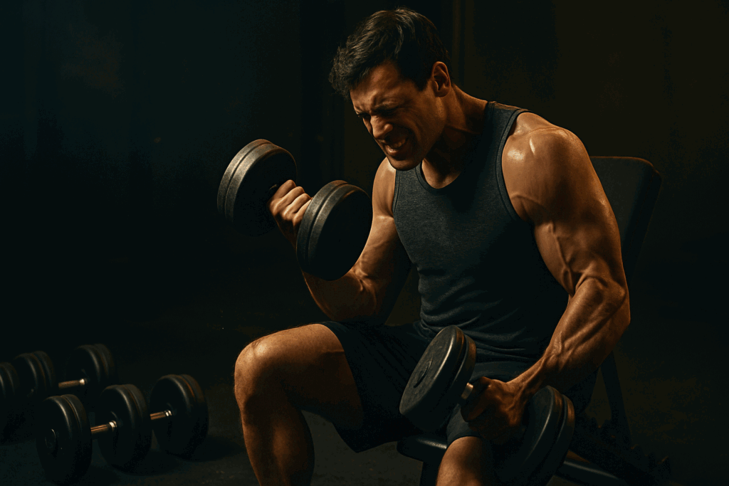Athlete performing drop set dumbbell curls in a dim gym during an intense hypertrophy workout program