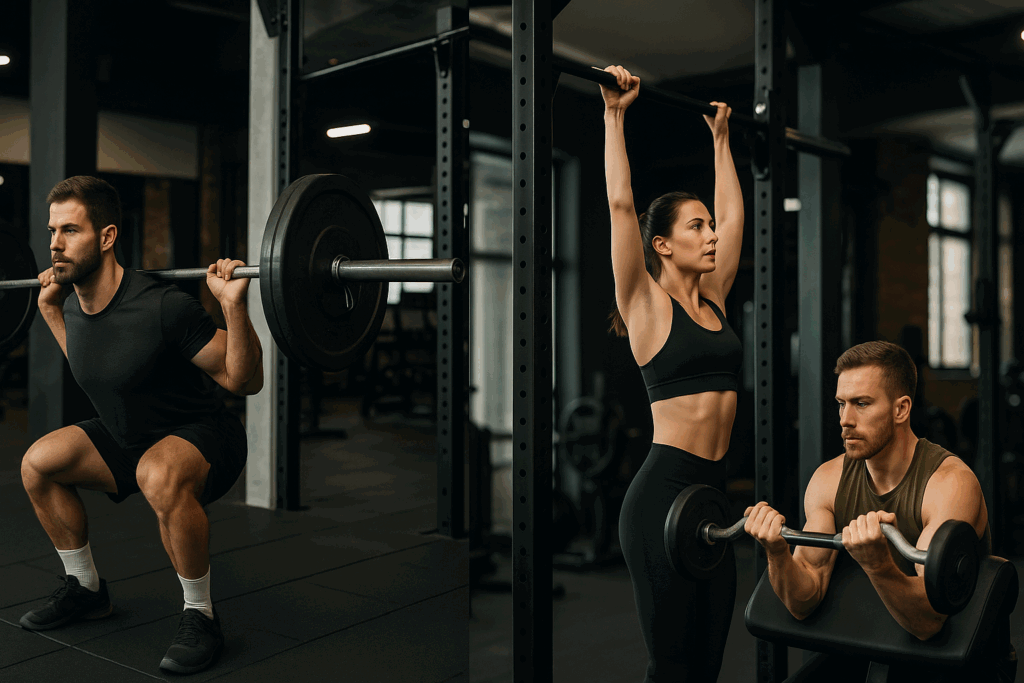 Athletes performing squats, deadlifts, pull-ups, and preacher curls in a gym as part of a hypertrophy workout program.