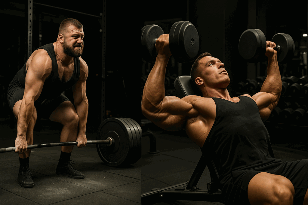 Powerlifter performing deadlift and bodybuilder doing chest press in gym, illustrating hypertrophy workout program differences.
