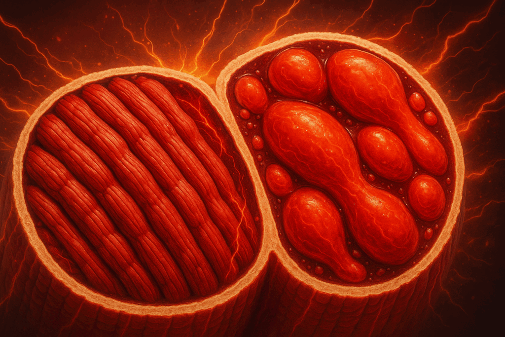 Cross-section of muscle fibers showing myofibrillar and sarcoplasmic growth, visualizing concepts in a hypertrophy workout program