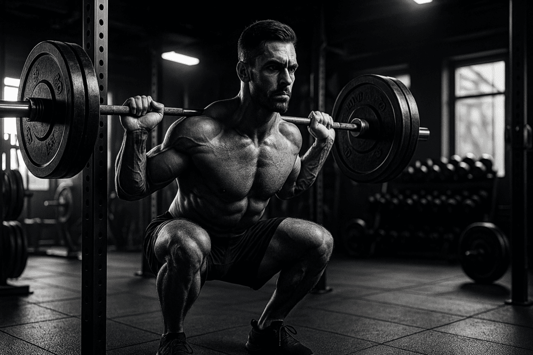 Muscular man performing barbell squat in a dramatic gym setting showcasing a list of resistance training exercises.