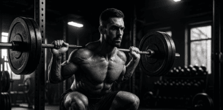 The Ultimate List of Resistance Training Exercises for Men to Build Strength and Transform Fitness Muscular man performing barbell squat in a dramatic gym setting showcasing a list of resistance training exercises.