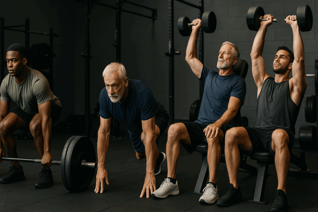 Diverse group of men performing a list of resistance training exercises including deadlifts, push-ups, and dumbbell presses in a gym.