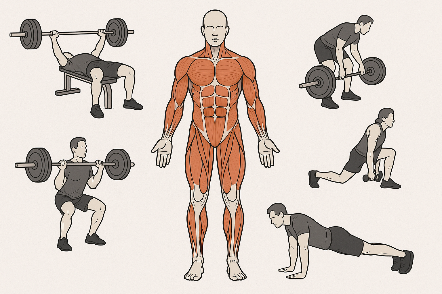 Anatomical diagram of a man with muscle groups highlighted and visuals of a list of resistance training exercises like squats and rows.