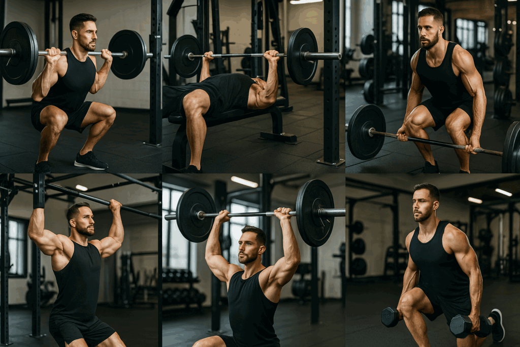 Collage of six gym exercises including squat, bench press, deadlift, pull-up, overhead press, and lunges from a list of resistance training exercises.