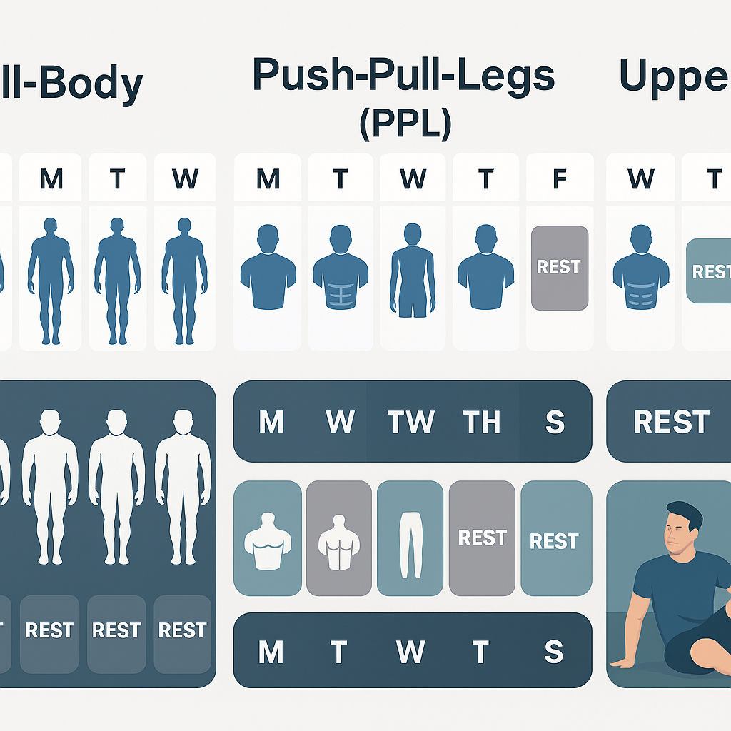 Infographic showing weekly training splits with icons representing muscle groups as a visual list of resistance training exercises.