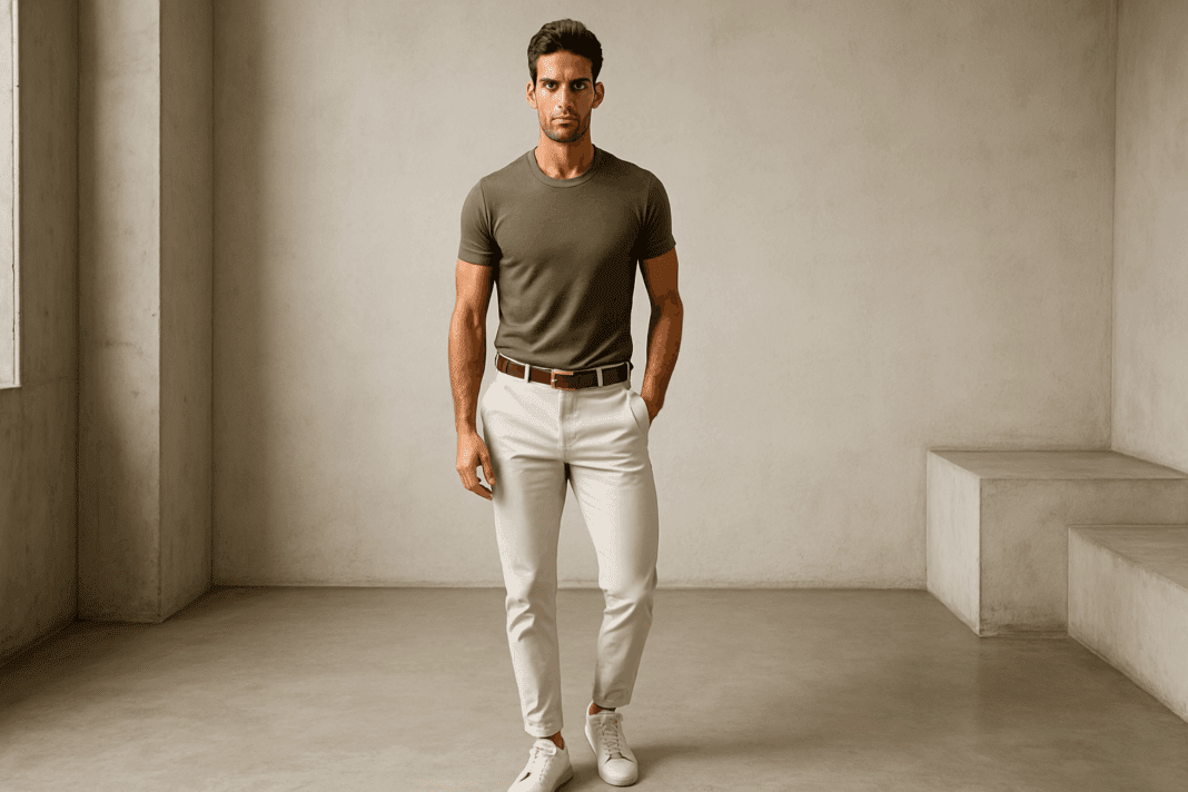 The Ultimate Male Model Workout Plan to Build a Lean, Powerful Physique_01 Fit male model in minimalist urban studio showcasing lean physique and casual attire for a male model workout plan.