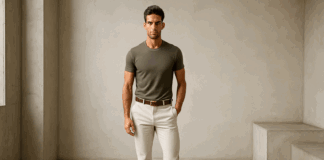 Fit male model in minimalist urban studio showcasing lean physique and casual attire for a male model workout plan.