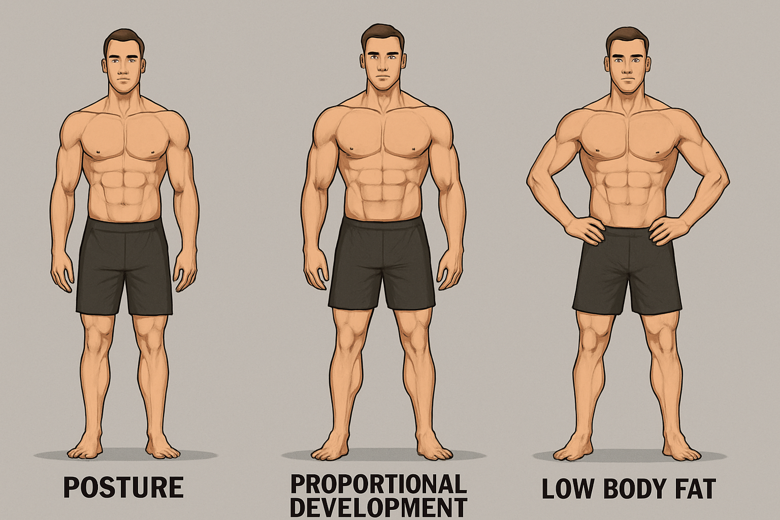 Three illustrated physiques demonstrating posture, proportional development, and leanness as visual goals of a male model workout plan.