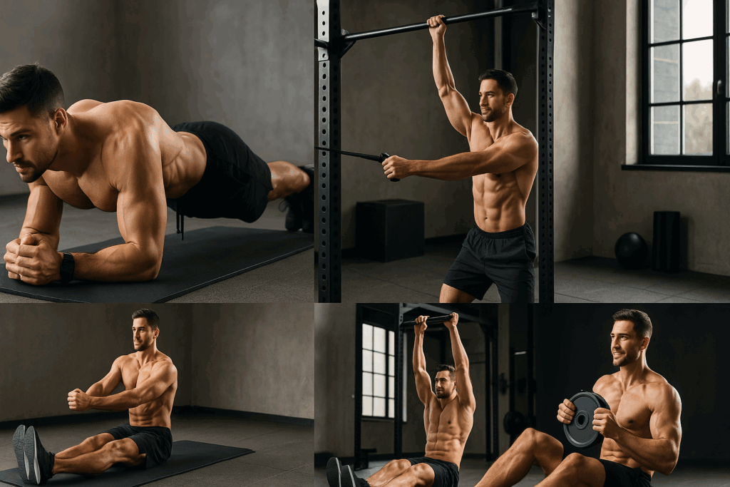 Fit man performing planks, Pallof presses, leg raises, and Russian twists as part of a core-focused male model workout plan.