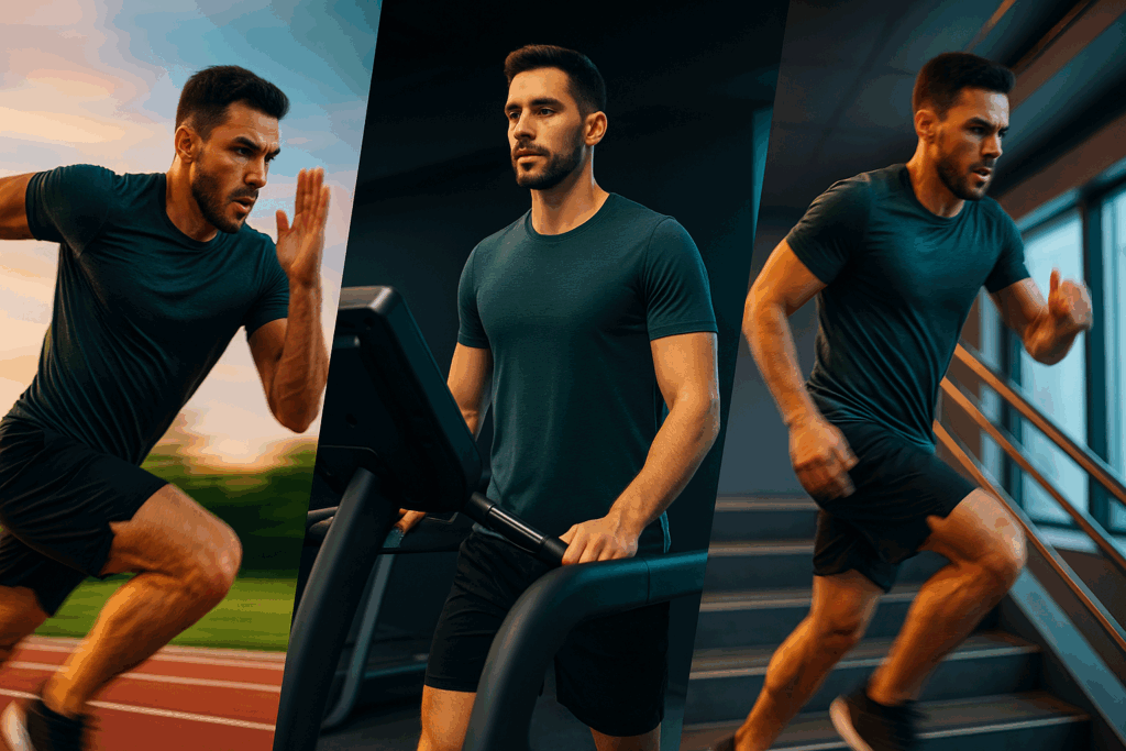 Male model workout plan featuring sprint intervals, incline treadmill walking, and stair climbing in a high-intensity cardio routine.