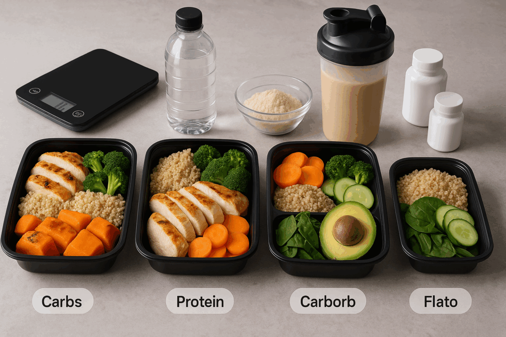 Meal prep containers with grilled chicken, quinoa, avocado, and supplements arranged for a clean diet in a male model workout plan.