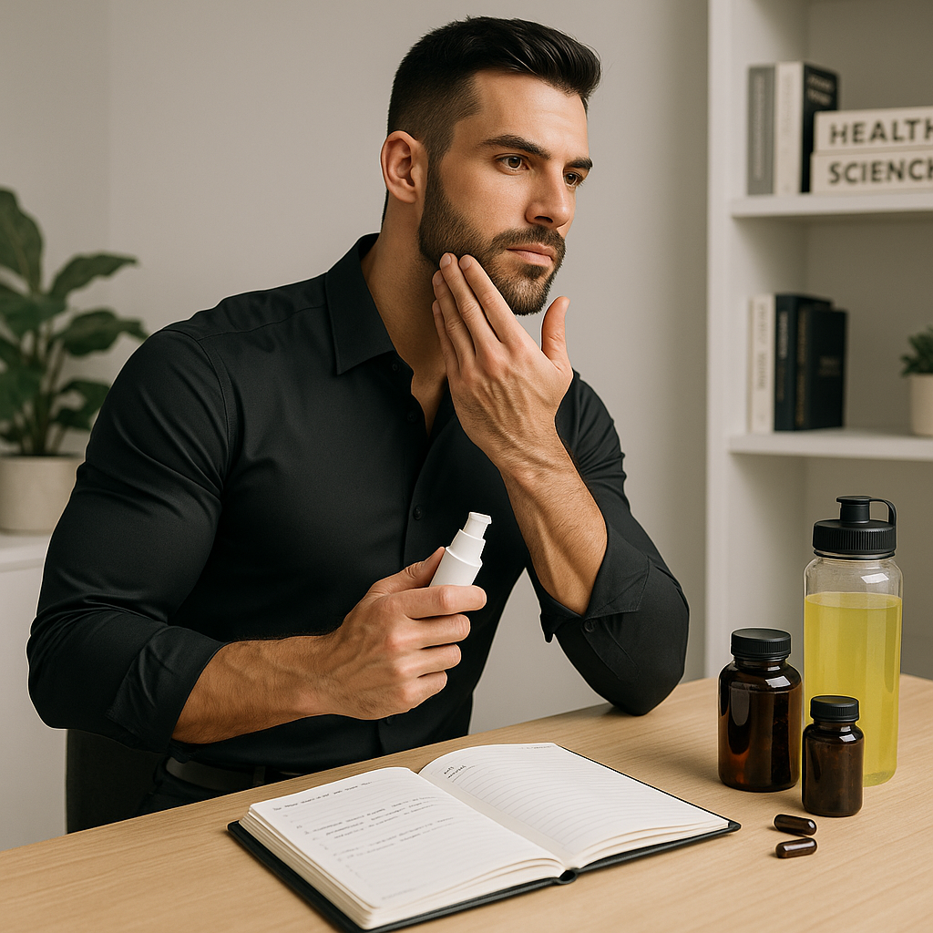 Well-groomed man preparing for a photoshoot with skincare, supplements, and planner, reflecting discipline behind a male model workout plan.