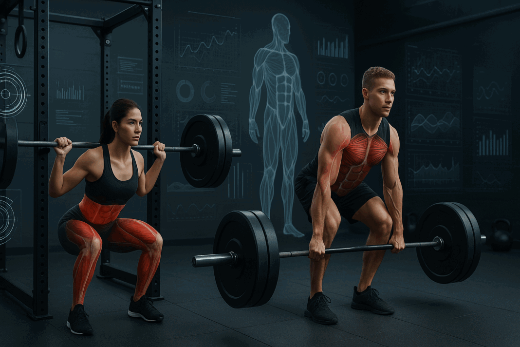 Male and female athletes performing squats and deadlifts in a high-tech gym with digital metrics and muscle overlays, illustrating concepts from the renaissance periodization pdf