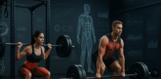 Male and female athletes performing squats and deadlifts in a high-tech gym with digital metrics and muscle overlays, illustrating concepts from the renaissance periodization pdf