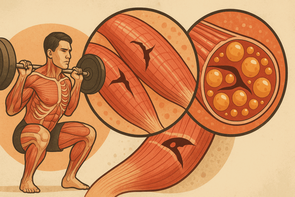 Cutaway illustration showing muscle hypertrophy mechanisms—barbell squat, muscle fiber microtears, and lactic acid buildup—used in the renaissance periodization pdf.