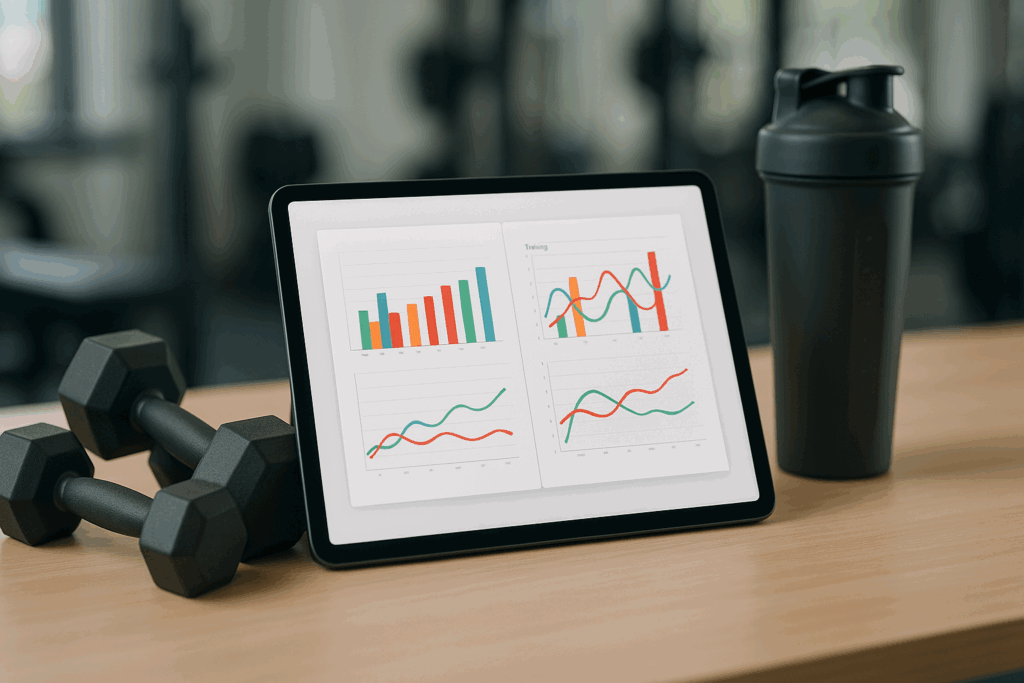 Tablet displaying training graphs from a renaissance periodization pdf on a desk with dumbbells and a shaker in a modern gym setting