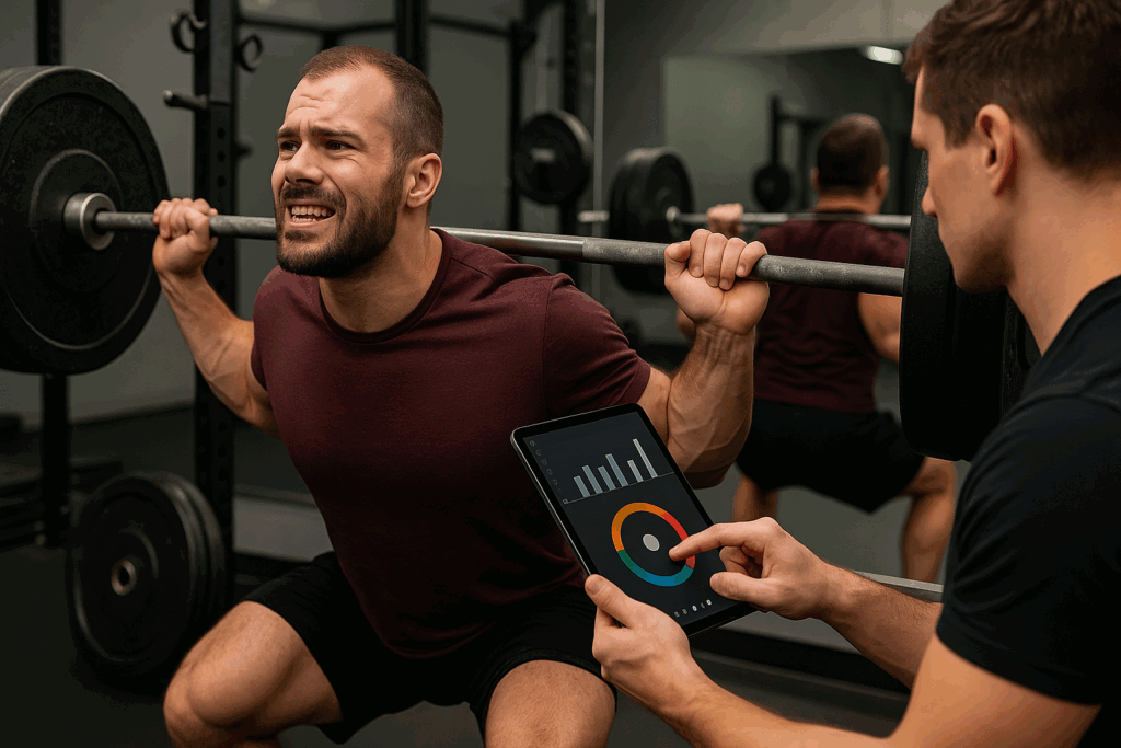 Athlete performing barbell squat in gym while trainer tracks progress on tablet, visualizing recovery metrics aligned with renaissance periodization pdf methods.