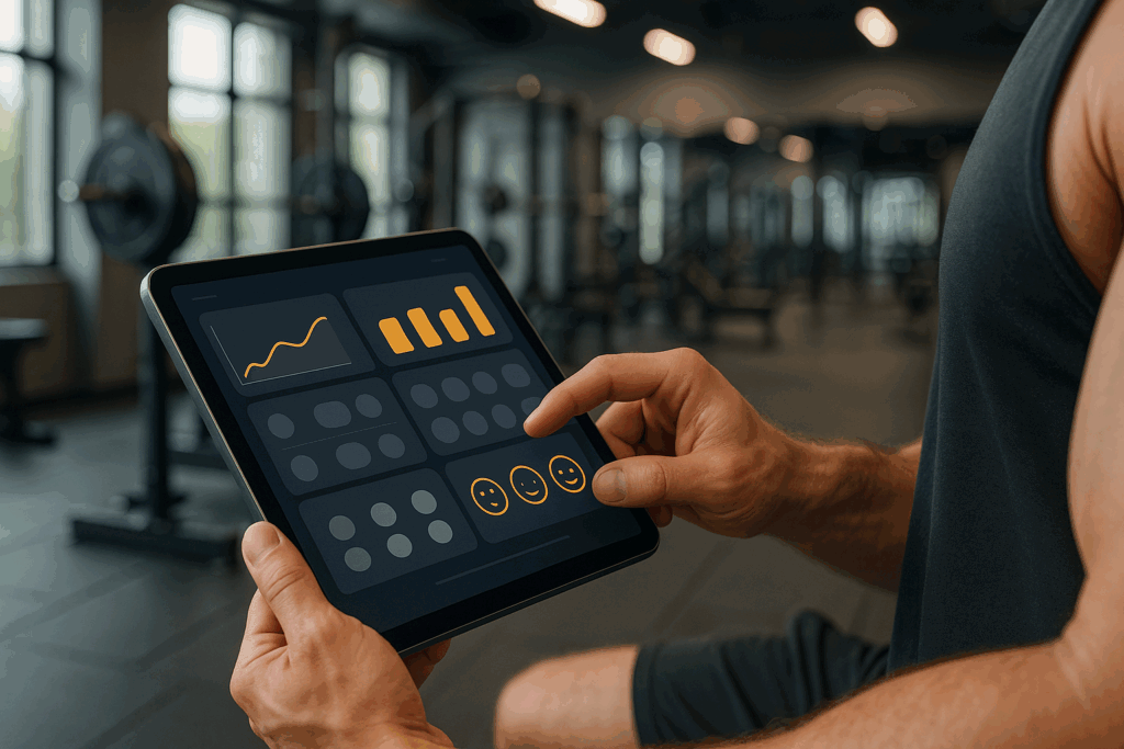 Athlete reviewing workout stats and soreness feedback on a tablet, inspired by a renaissance periodization pdf routine in a modern gym
