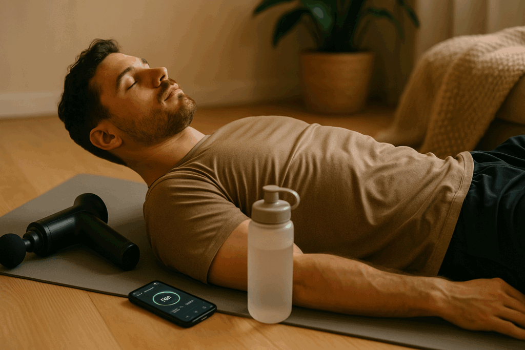 Athlete recovering post-workout with massage gun and hydration bottle beside a phone displaying a recovery app, reflecting concepts from the renaissance periodization pdf.