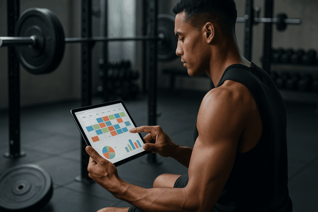 The Ultimate Muscle-Building Plan with a Proven Workout Spreadsheet001 Athletic man in a modern gym reviewing a colorful digital workout spreadsheet on a tablet surrounded by weights.