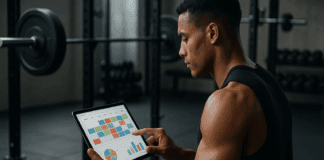 The Ultimate Muscle-Building Plan with a Proven Workout Spreadsheet Athletic man in a modern gym reviewing a colorful digital workout spreadsheet on a tablet surrounded by weights.