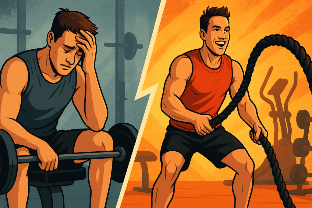 Split image showing stalled gym progress and revitalized training using a workout spreadsheet-based routine refresh