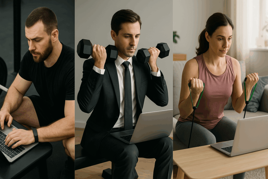 Powerlifter, executive, and mother each using a workout spreadsheet during personalized training in diverse settings
