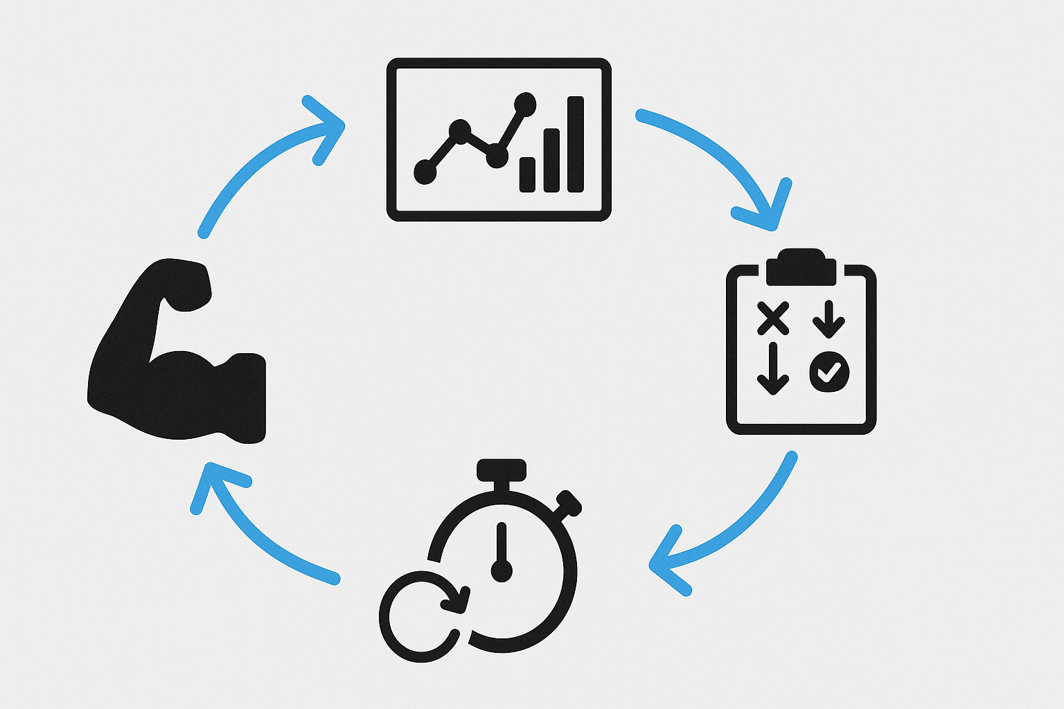 Infographic showing the workout spreadsheet feedback loop with icons for logging workouts, analyzing trends, adjusting plans, and improving results.