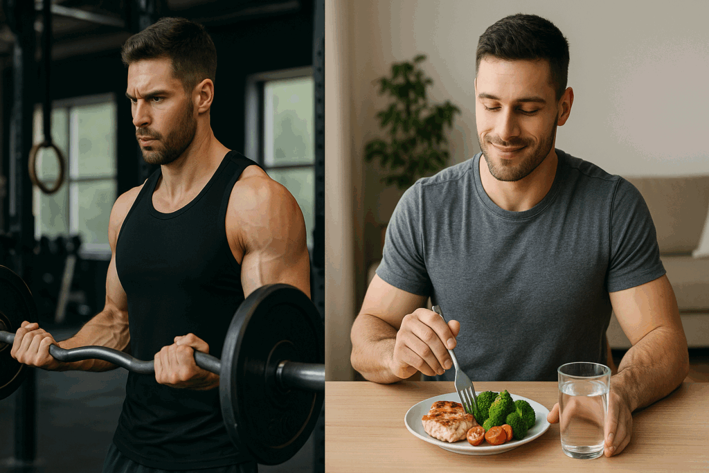 Man following a workout routine 3 days a week shown lifting weights in a gym and recovering with a healthy meal at home