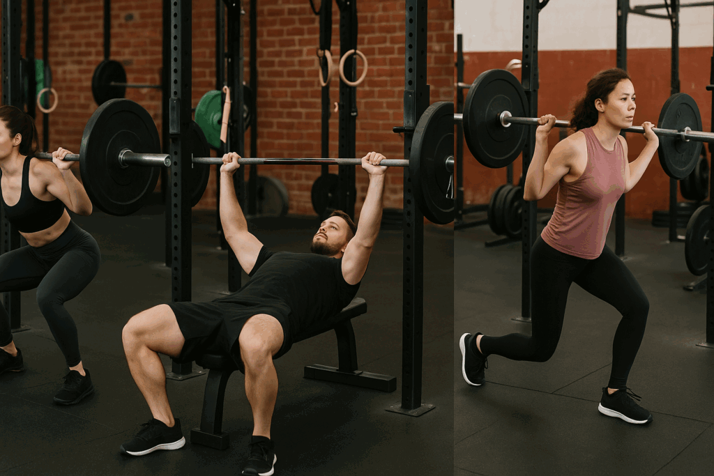 Three athletes performing compound lifts, push exercises, and leg workouts to illustrate a structured workout routine 3 days a week