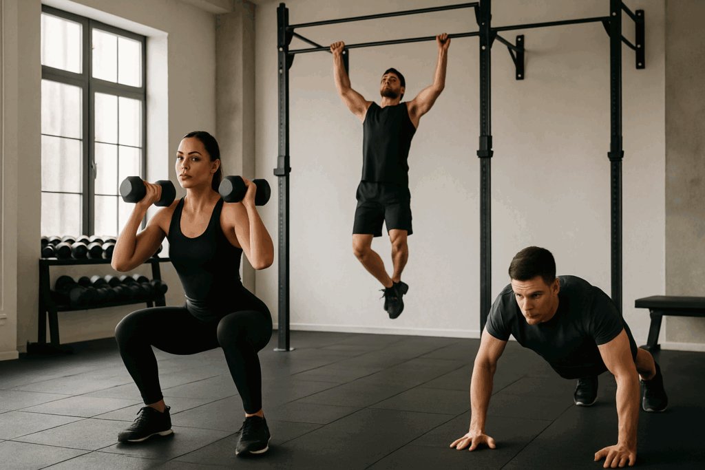 Three fit individuals performing a full-body workout routine 3 days a week in a clean, modern gym setting