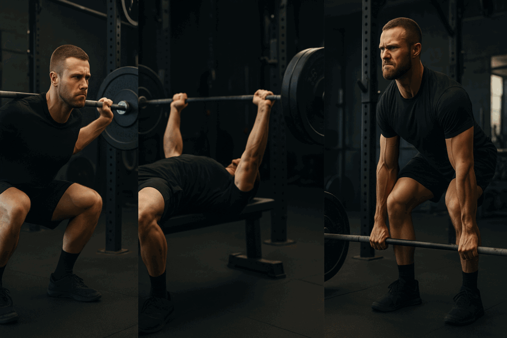 Man performing squats, bench press, and deadlifts in a gym as part of a workout routine 3 days a week