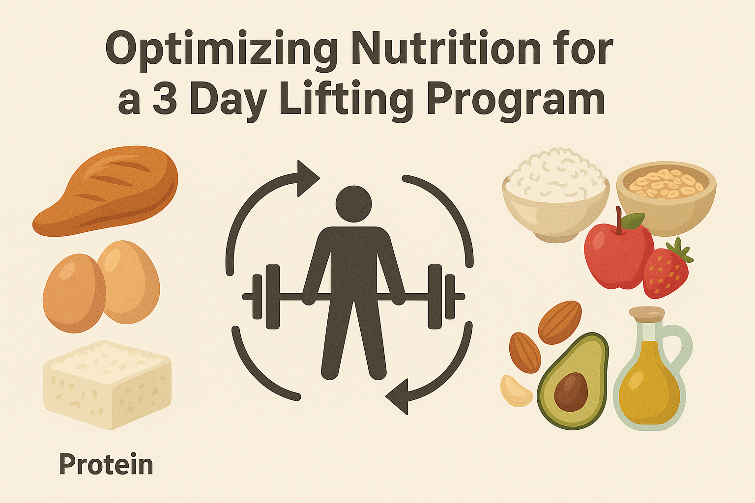 Infographic showing ideal nutrition timing and food sources for a workout routine 3 days a week, including chicken, tofu, rice, fruit, nuts, and olive oil.