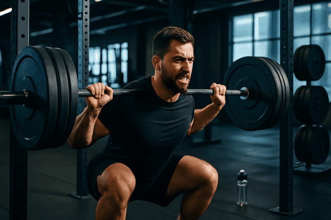 The Ultimate Powerlifting Program Template to Maximize Strength and Muscle Gains_01 Man performing heavy barbell squat in modern gym with intense focus, illustrating strength and structure in a powerlifting program template.